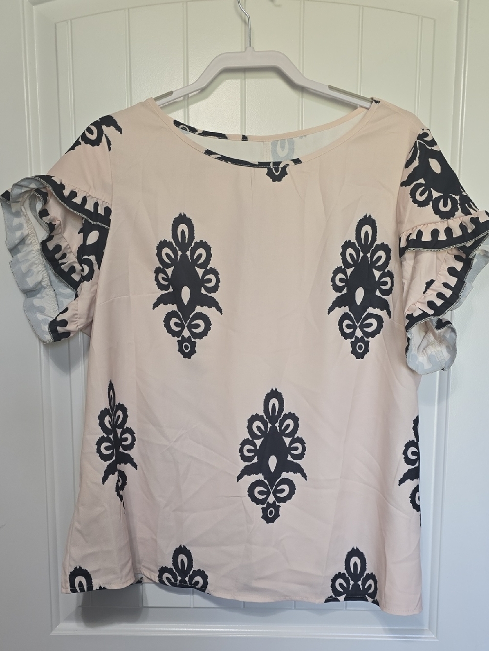 SHEIN Cresm Blouse with Black Medallion Print and Ruffle Trim